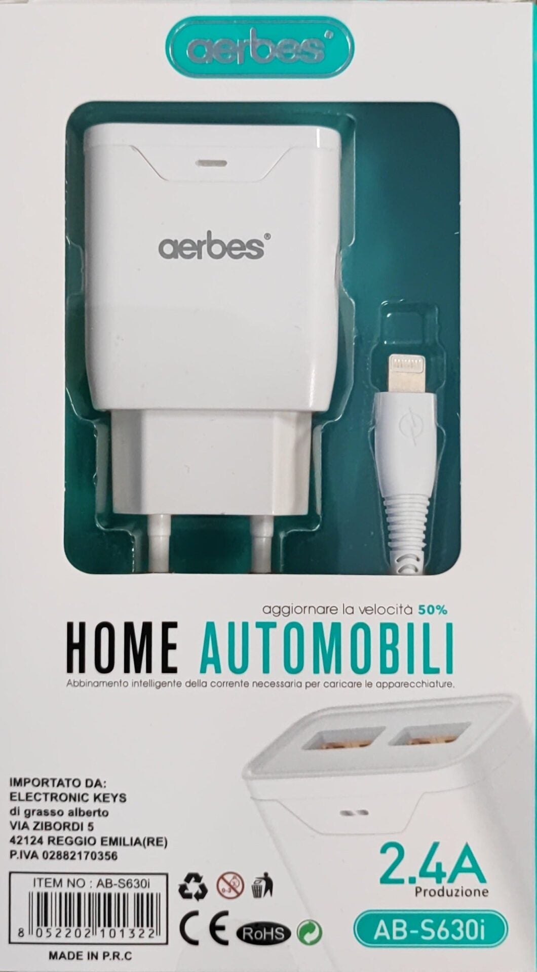 AERBES AB-S630i Dual USB 5v 2.4Amp for iPhone Fast Charging Wall Charger - Electromann SA