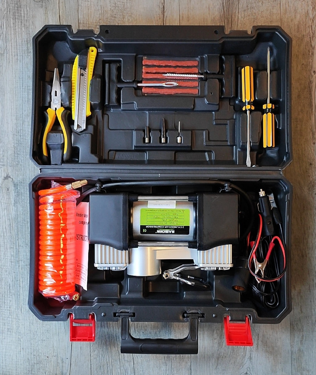 RAIBOER 12VDC 150PSI 70Lit/Min Dual Cylinder Air Compressor and Tool Set - Fast and Efficient Inflation - Electromann SA