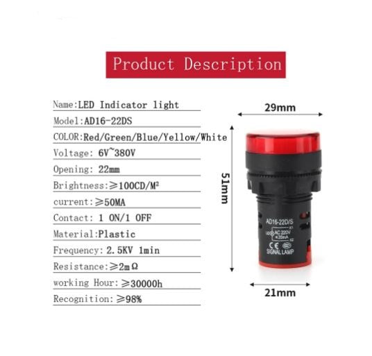 AD16-22DS DC 12V LED Indicator Pilot Light - Electromann SA