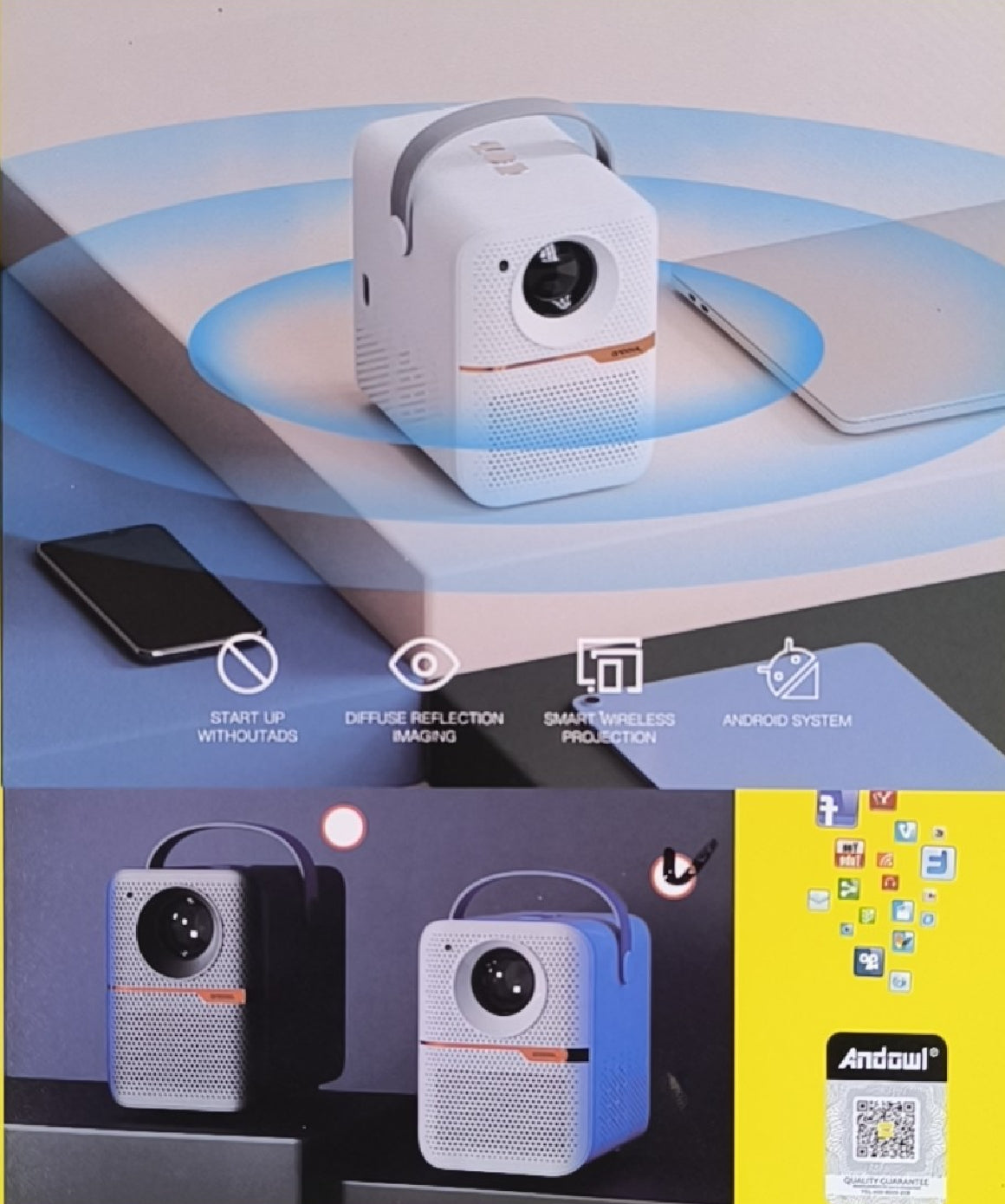 Andowl Q-HD663 4K Ultra HD Portable Home Theatre Multimedia LED Projector - Electromann SA