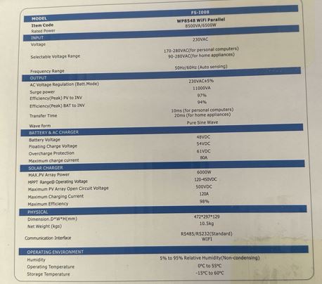 DEMO FiveStar 8.5KVA 48V Wifi Parallel Hybrid Inverter - Model FS-I008 (D10005767)