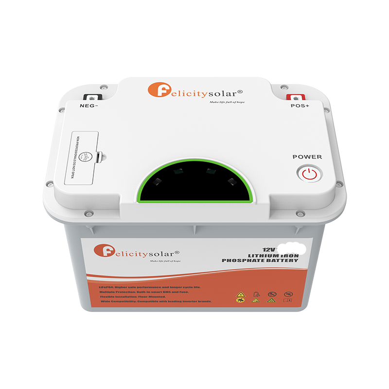 A FelicitySolar 12V 100AH Lithium Iron Prolate Battery shown from a front-facing perspective on a solid white background.