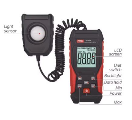 TA630B Digital Light Meter Illuminance Lux Meter with Backlight LCD Display - Electromann SA