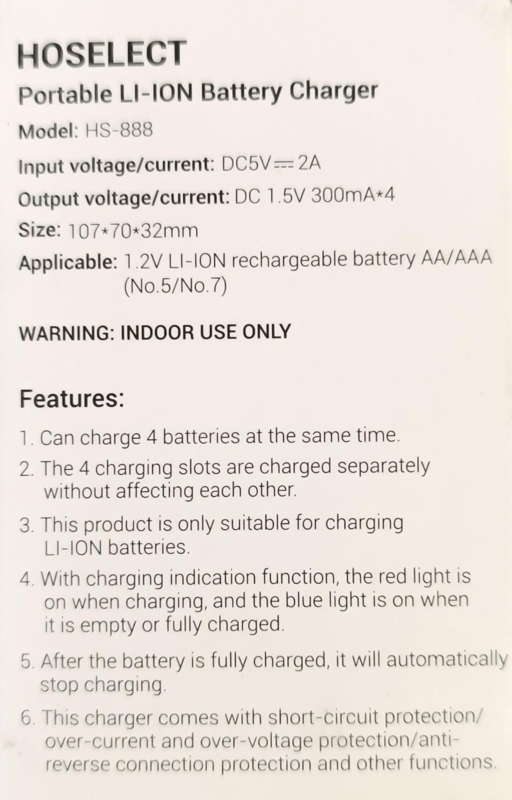 Hoselect HS-888 5V USB AA/AAA Li-Ion Battery Charger - Electromann SA