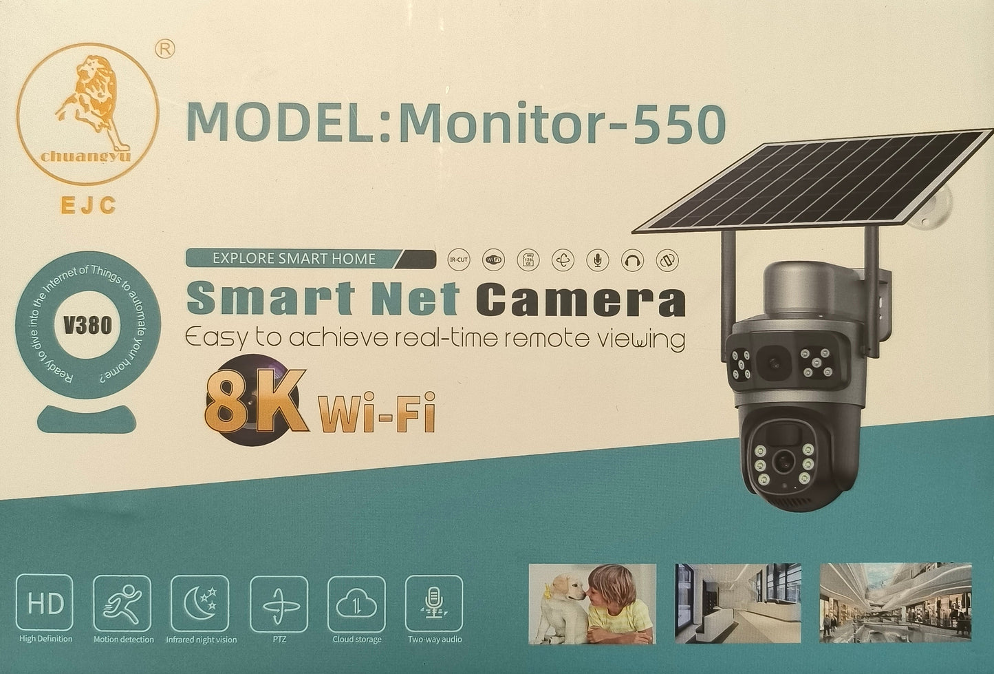 Box of a smart net camera with solar panel on a wooden surface