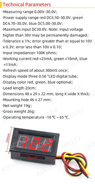 4.5 to 30v 0.56 Inch Mini Green LED Display Panel Voltage Meter