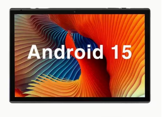 Tablet with colorful abstract design and 'Android 15' text on a white background
