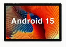 Tablet with colorful abstract design and 'Android 15' text on a white background