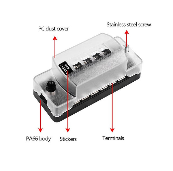 12-32V Car 6Way Fuse Box Holder M5 Stud with LED Indicator Light