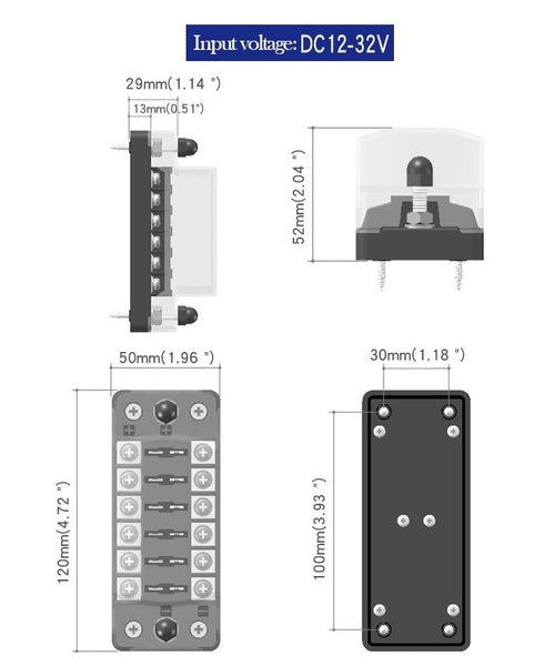 12-32V Car 6Way Fuse Box Holder M5 Stud with LED Indicator Light