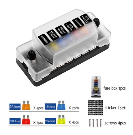 12-32V Car 6Way Fuse Box Holder M5 Stud with LED Indicator Light