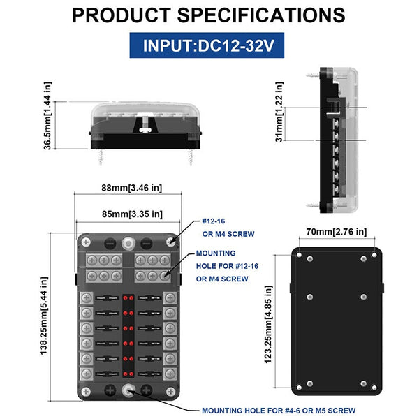 12-32V Car 12Way Fuse Box Holder M5 Stud with LED Indicator Light