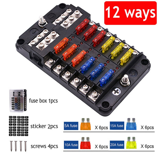 12-32V Car 12Way Fuse Box Holder M5 Stud with LED Indicator Light