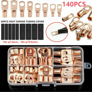 140pcs Assorted Copper Ring Lug Terminal Wire Bare Cable Crimp Connectors