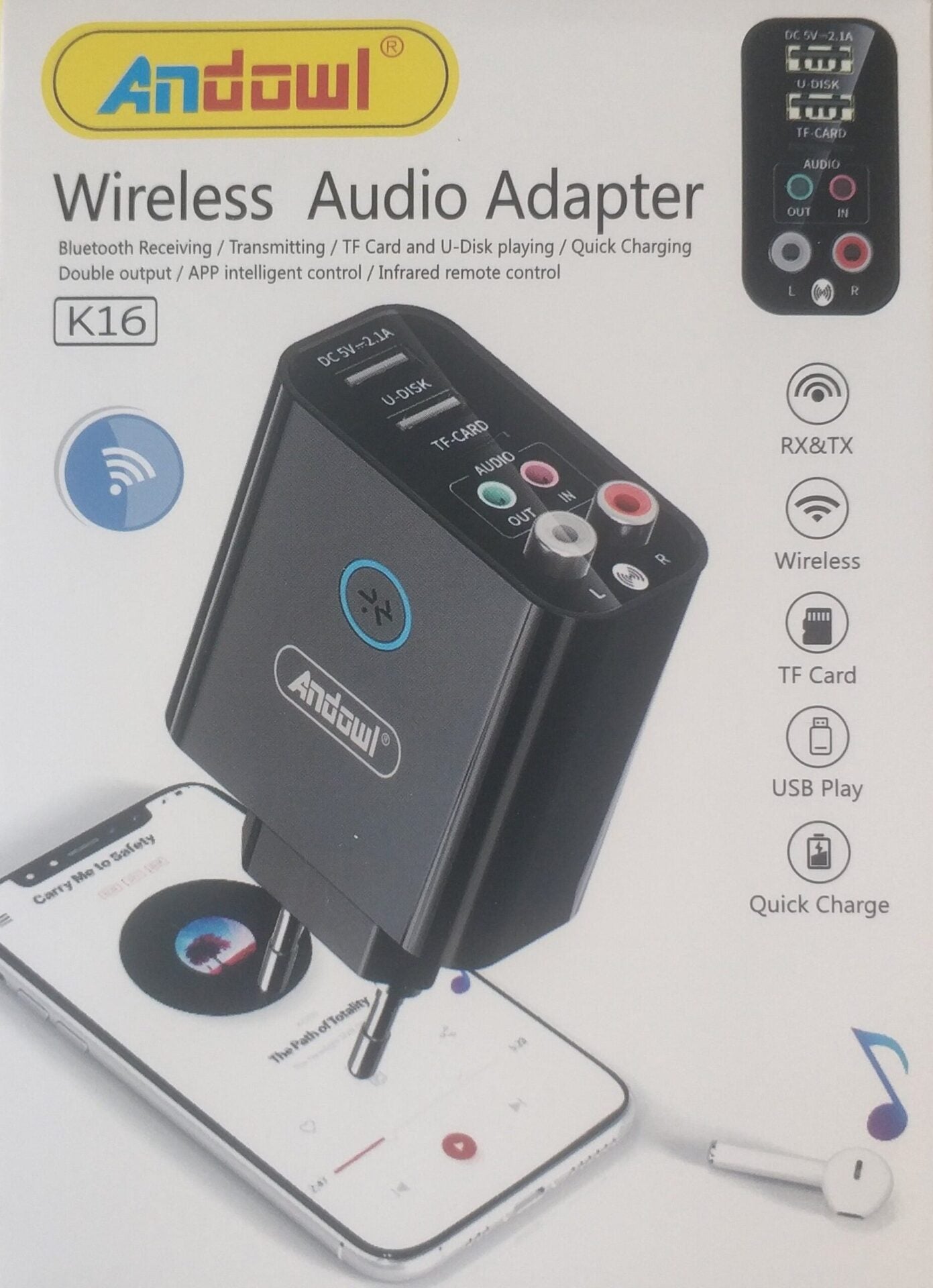 Andowl K16 Wireless Bluetooth Audio Adapter and Mobile Charger