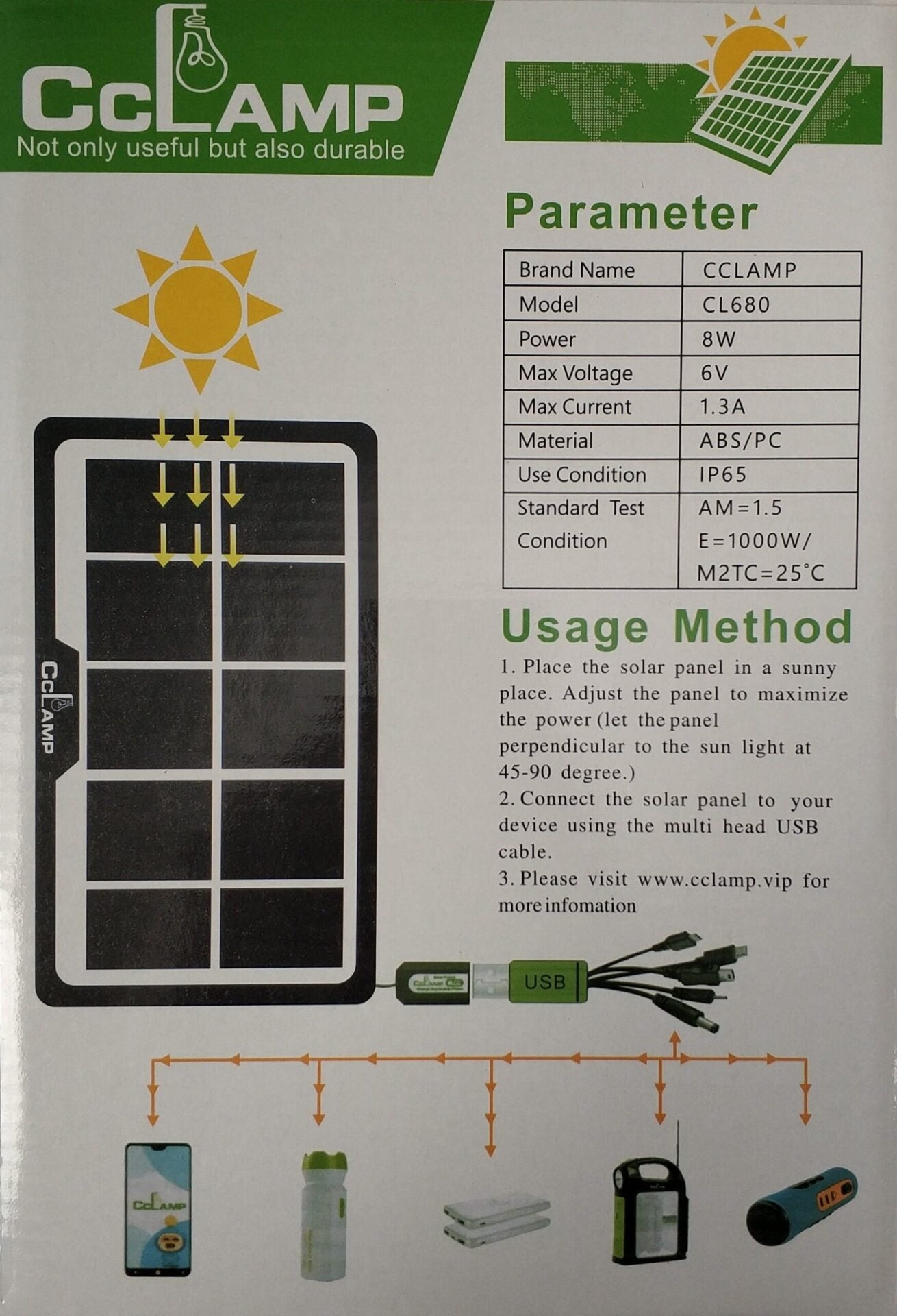 CCLamp CL-680 8W Solar Mobile Phone Charger Kit