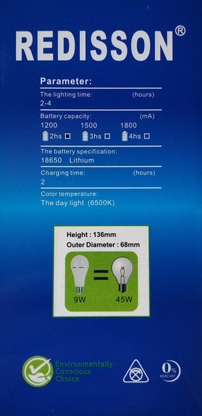 ##BULK SALE Buy 10 get 1 FREE## REDISSON 9 watt E27 Super Bright Smart Rechargeable Emergency LED bulb