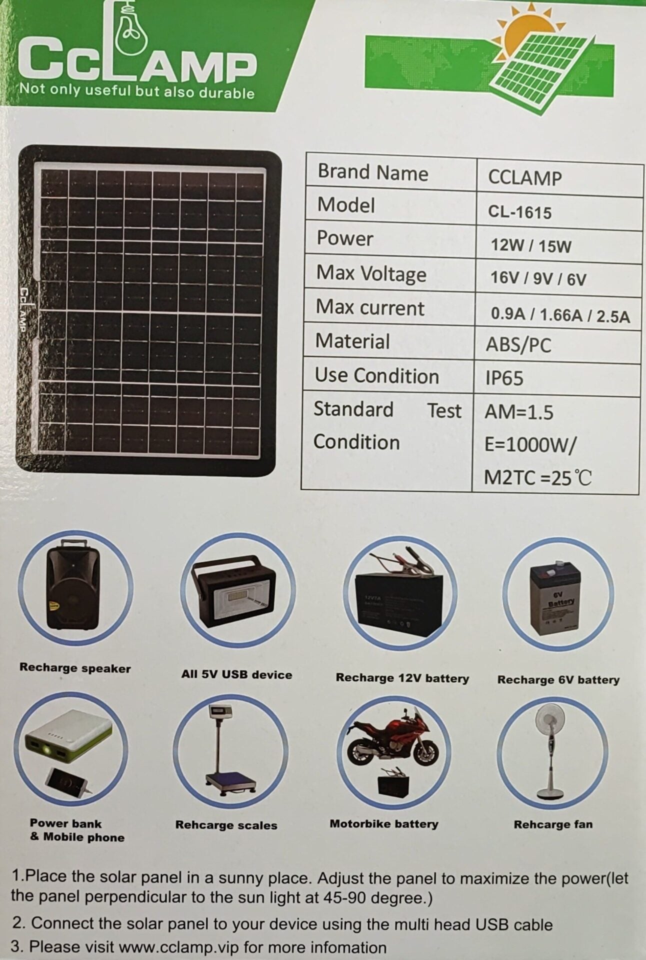 CCLamp CL-1615 15W Solar Mobile Phone and Battery Charger