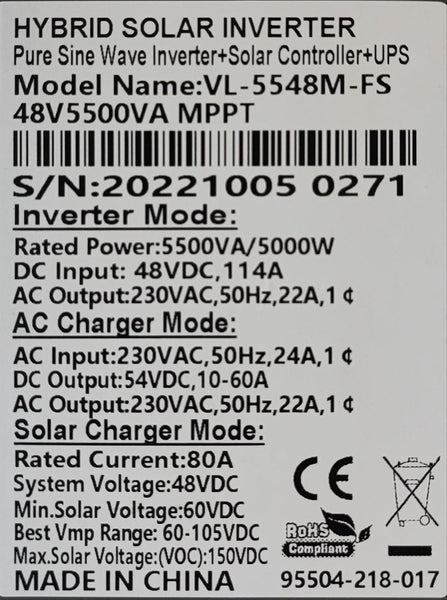 5.5KVA 48v Pure Sine 80Amp MPPT Hybrid Solar Inverter