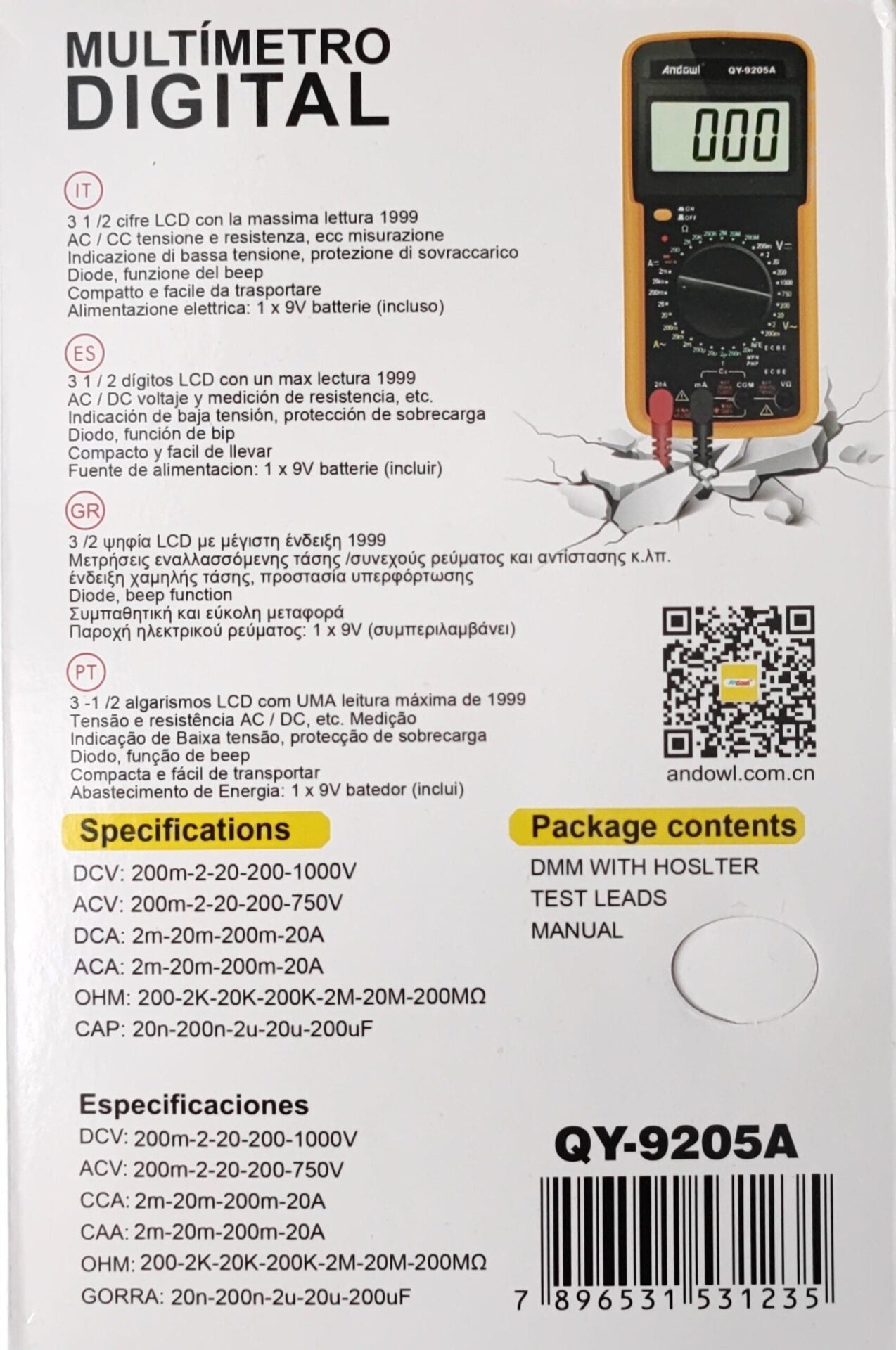 Andowl QY-9205A Digital Multimeter - Accurate Voltage, Current, Resistance Measurement Tool