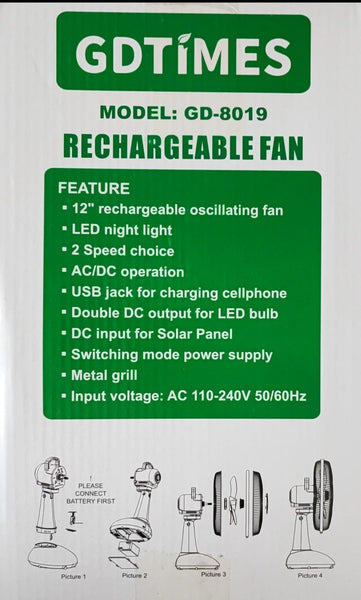 GDTIMES 12Inch Solar Rechargeable Fan and LED Light Kit