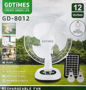 GDTIMES 12Inch Solar Rechargeable Fan and LED Light Kit: Portable and Eco-Friendly Cooling and Lighting Solution