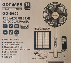 ##DEMO## GDTIMES 16Inch Solar Rechargeable Fan and LED Light Kit - Stay Cool Anywhere