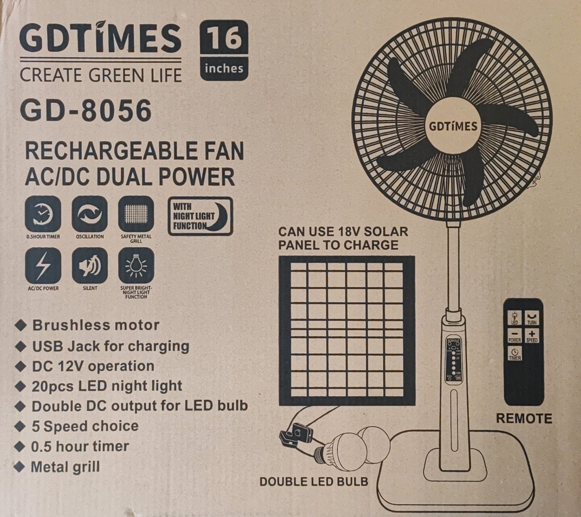 GDTIMES 16Inch Solar Rechargeable Fan and LED Light Kit - Stay Cool and Illuminated Anywhere