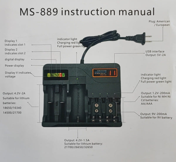 Multiple Slot AC220v Powered Lithium 18650/21700/26650/32650 Charger