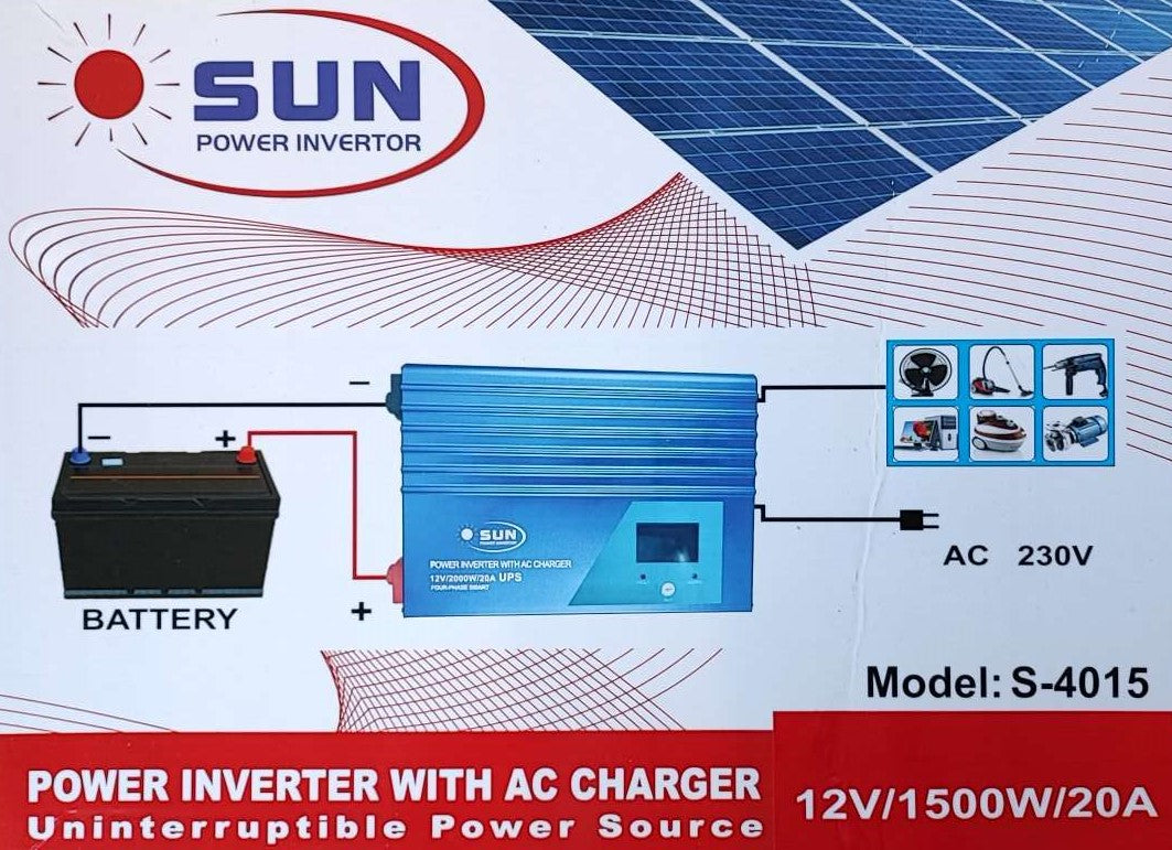 SUN S-4015 1500Watt 12v DC to 220v AC Sine Wave Inverter/Charger - Reliable Power Solution for Household Appliances