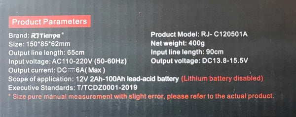 RJTianye 12V 6A Pulse Repair LCD Battery Charger - Efficient Charging Solution for 12V Batteries