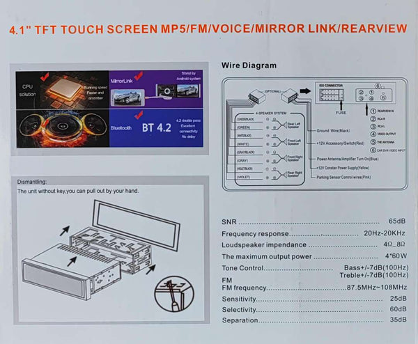 PERVOI CTC-4066 Single Din MP5 4.1 Inch Touch Screen Car Entertainment System - Upgrade Your Car's Audio Experience