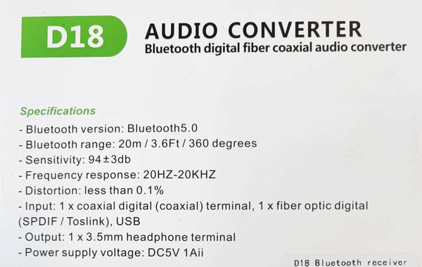 D18 Wireless Bluetooth Digital Fiber Coaxial Audio Converter - Stream Wireless Audio to Your Home System