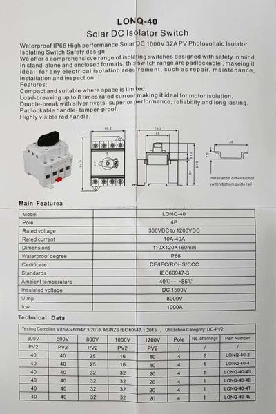 DR Light LONQ-40 40Amp Solar Photovoltaic DC Isolator Switch Light