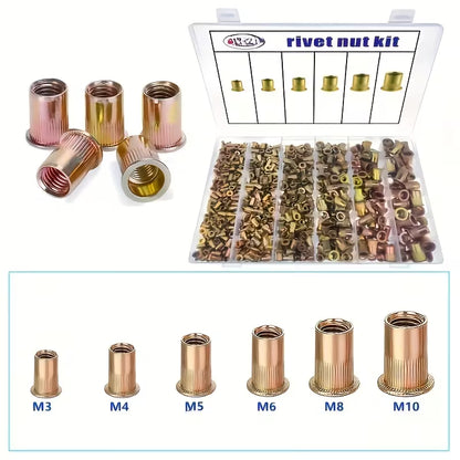 165pcs Blind Rivet Nut M3 M4 M5 M6 M8 M10 M12 Rivnut Carbon Steel Flat Head Threaded Insert Nut Kit (10004594) - Electromann SA
