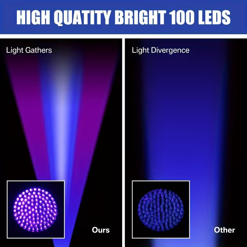 100 LED Ultraviolet UV 395nm Flashlight - Powerful Tool for Detecting Counterfeit Currency, Pet Stains, Bed Bugs, and Scorpions (10006768) - Electromann SA