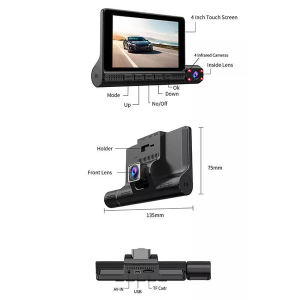 Motor Dash Cam 1080P | 3 kameras (voor, binne en agter) 