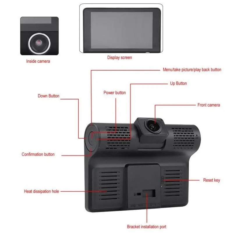 Enhance Your Safety with the 4 Inch 3 Lens 1080P Car Dash Camera with Rearview Camera - Electromann SA