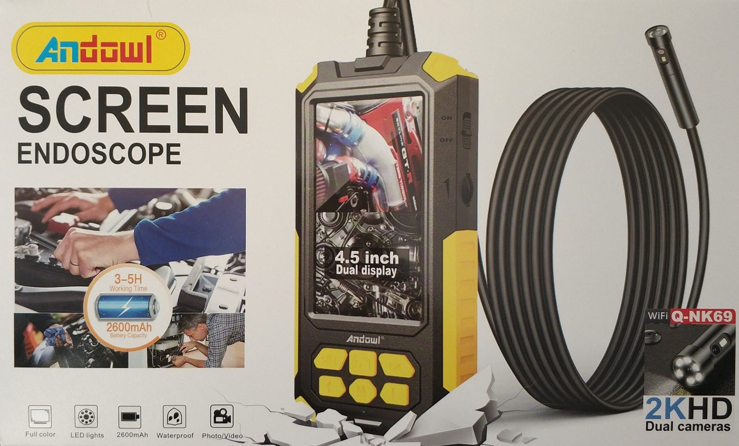 Andowl Q-NK69 2K HD Handheld Waterproof Endoscope - Waterproof Inspection Camera with 2K HD Camera, Adjustable LED Lights, and Wi-Fi Connectivity - Electromann SA