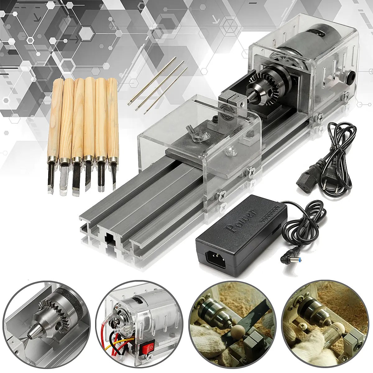 DC 24V Mini Lathe for Beads and Wood Working - Precision Turning and Shaping Tool - Electromann SA