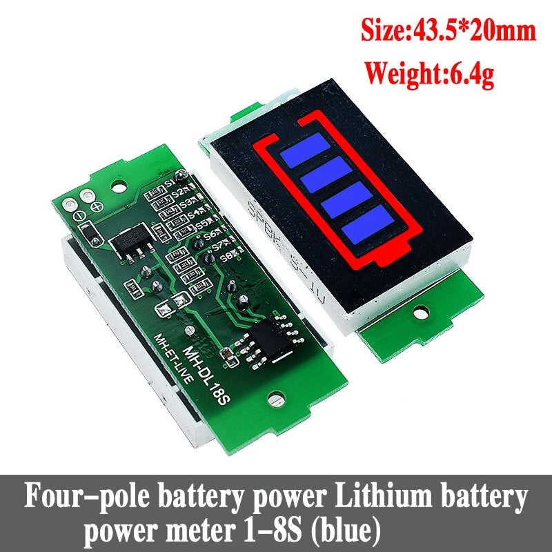 1S-8S Single 3.7V Lithium Battery Capacity Indicator Module with Blue Display - Electromann SA