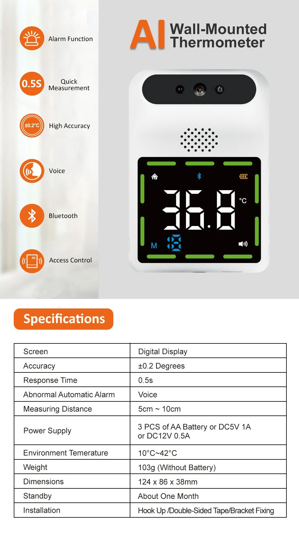 K88 Bluetooth Digital Infrared Wall-Mounted Thermometer - Electromann SA