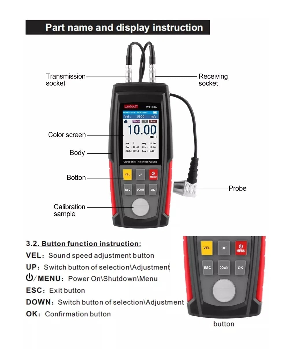WINTACT WT100A 1.00～225.0mm Digital Ultrasonic Thickness Tester - Electromann SA