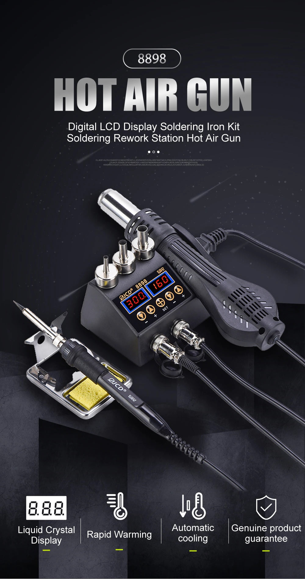 JCD 2 in 1 8898 Soldering Station 750W with LCD Display, Rework Welding Station - Electromann SA