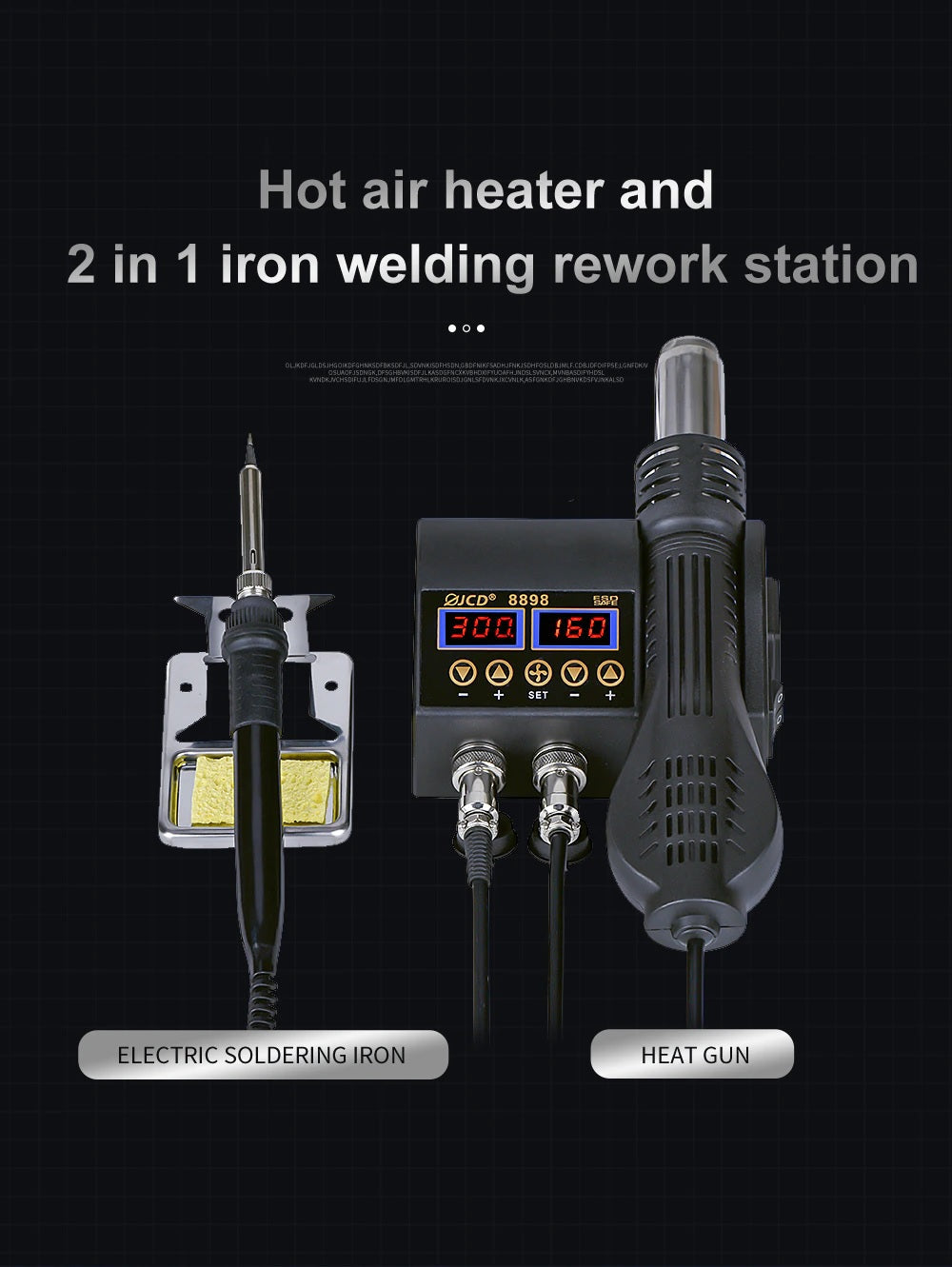 JCD 2 in 1 8898 Soldering Station 750W with LCD Display, Rework Welding Station - Electromann SA