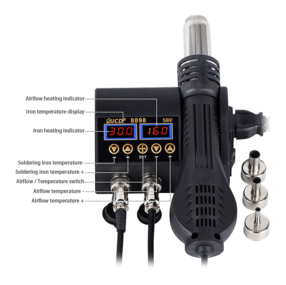 JCD 2 in 1 8898 Soldering Station 750W with LCD Display, Rework Welding Station - Electromann SA