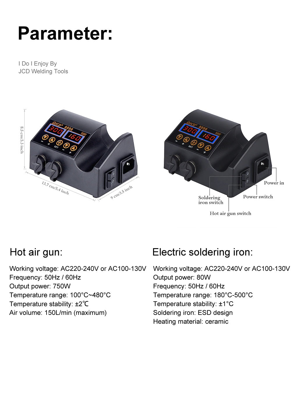 JCD 2 in 1 8898 Soldering Station 750W with LCD Display, Rework Welding Station - Electromann SA