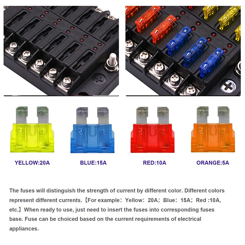 12-32V Car 12Way Fuse Box Holder M5 Stud with LED Indicator Light - Electromann SA