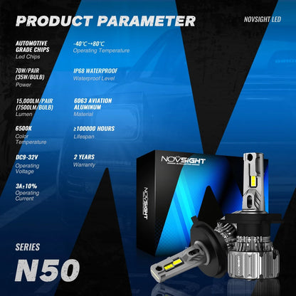 NovSight A500-N50 70W Car LED Headlights Bulbs 15000LM 6500K - H4 - Electromann SA