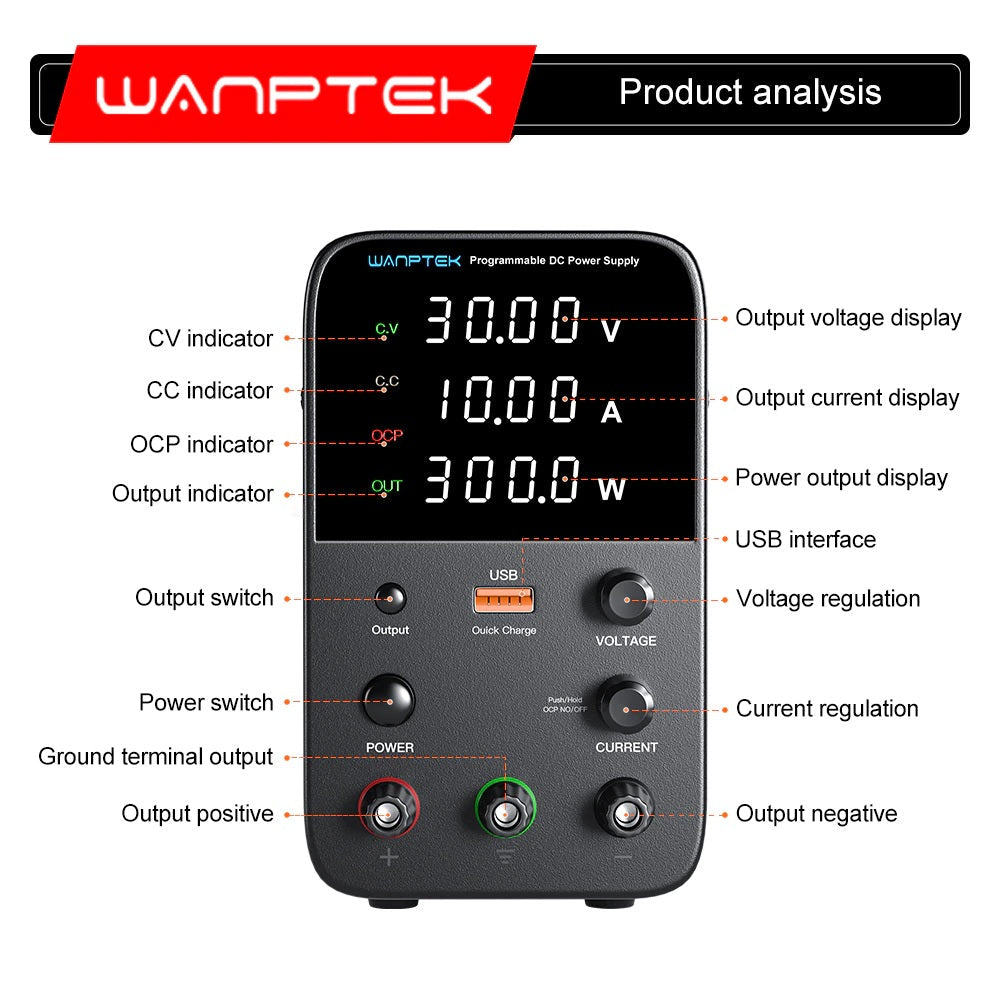 Wanptek Adjustable DC power supply 30V 10A USB Digital Lab Bench Power Supply - Electromann SA